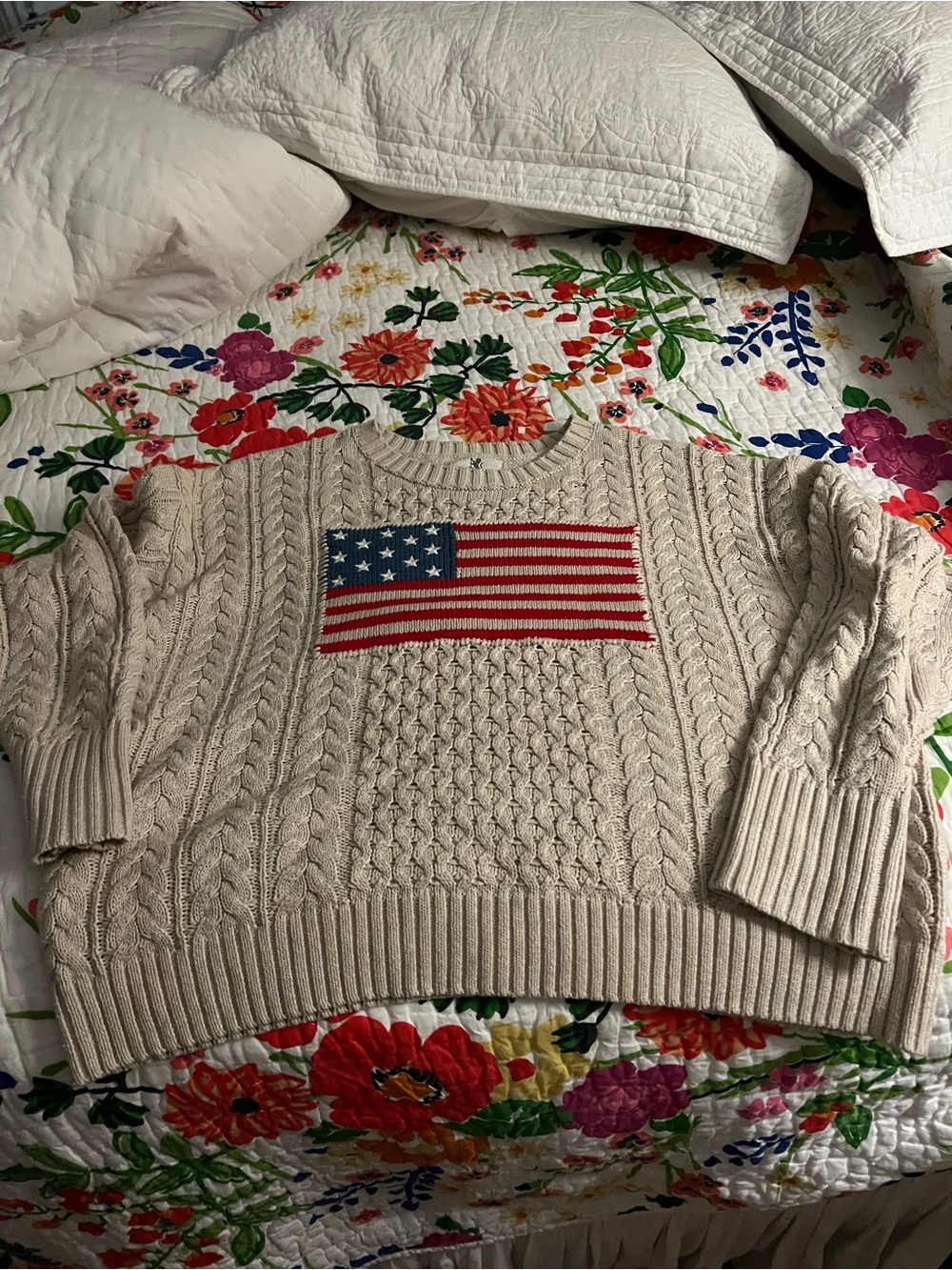 Cream Cable-Knit Crewneck Sweater with American Flag Detail